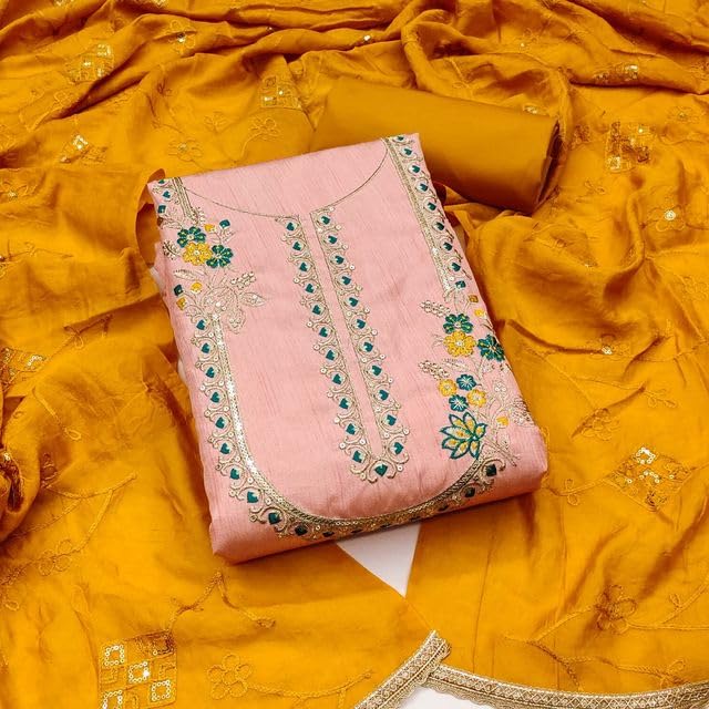 VARNI FABRICS Coco Silk Dress Material for Women Embroidered Unstitched Woman Salwar Suit Dress Material With Cotton Dupatta Paech Pink