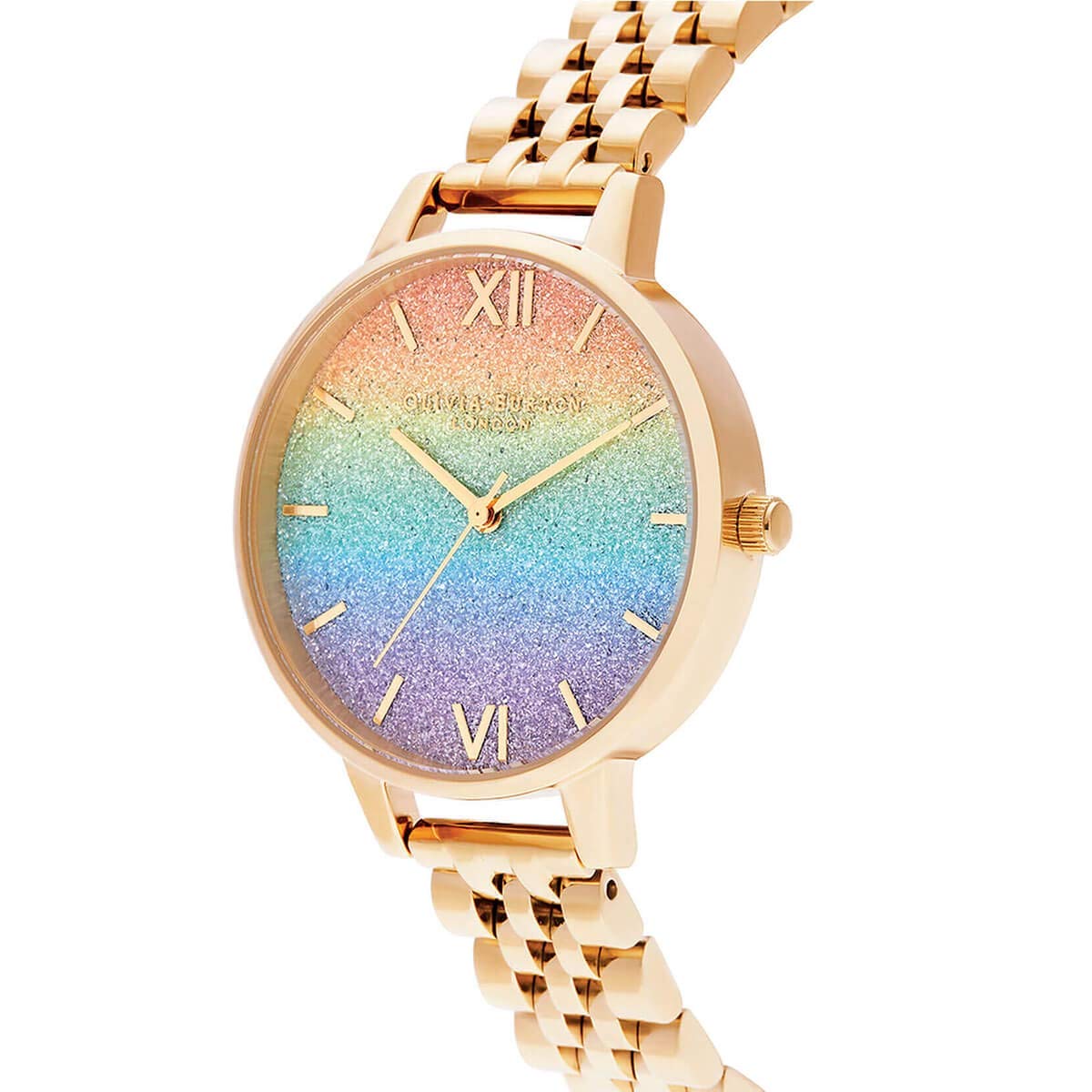 Olivia Burton Rainbow Qtz Basic Rainbow Glitter Round Dial Women's Analog Watch|Ionic Plated Gold Steel Material|Gold Color Band - OB16RB23