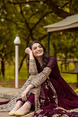 Brulry Women's Maroon Color Georgette V-Neck Ankel Length Anarkali Kurta Pant With Dupatta
