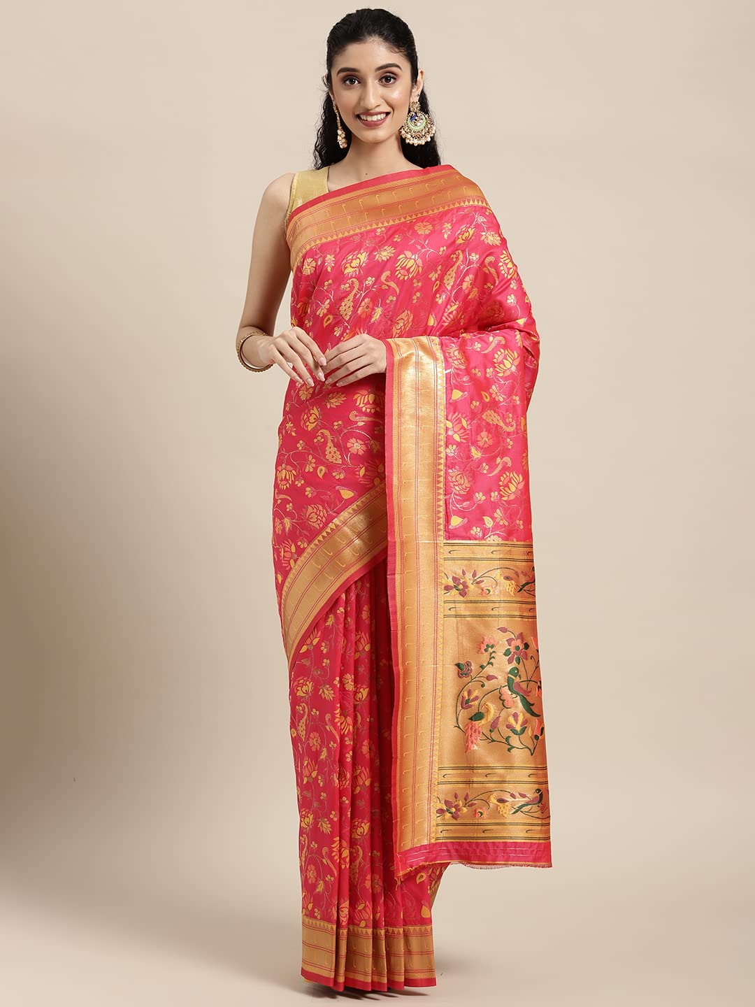 Panzora Women's Paithani Silk Saree With Unstitched Blouse Piece (Gajri-Pink)