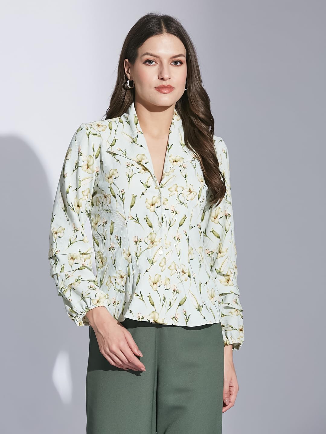 Latin Quarters Women Green Collar Neck 3/4th Sleeve Printed Shirt Blouse_XL