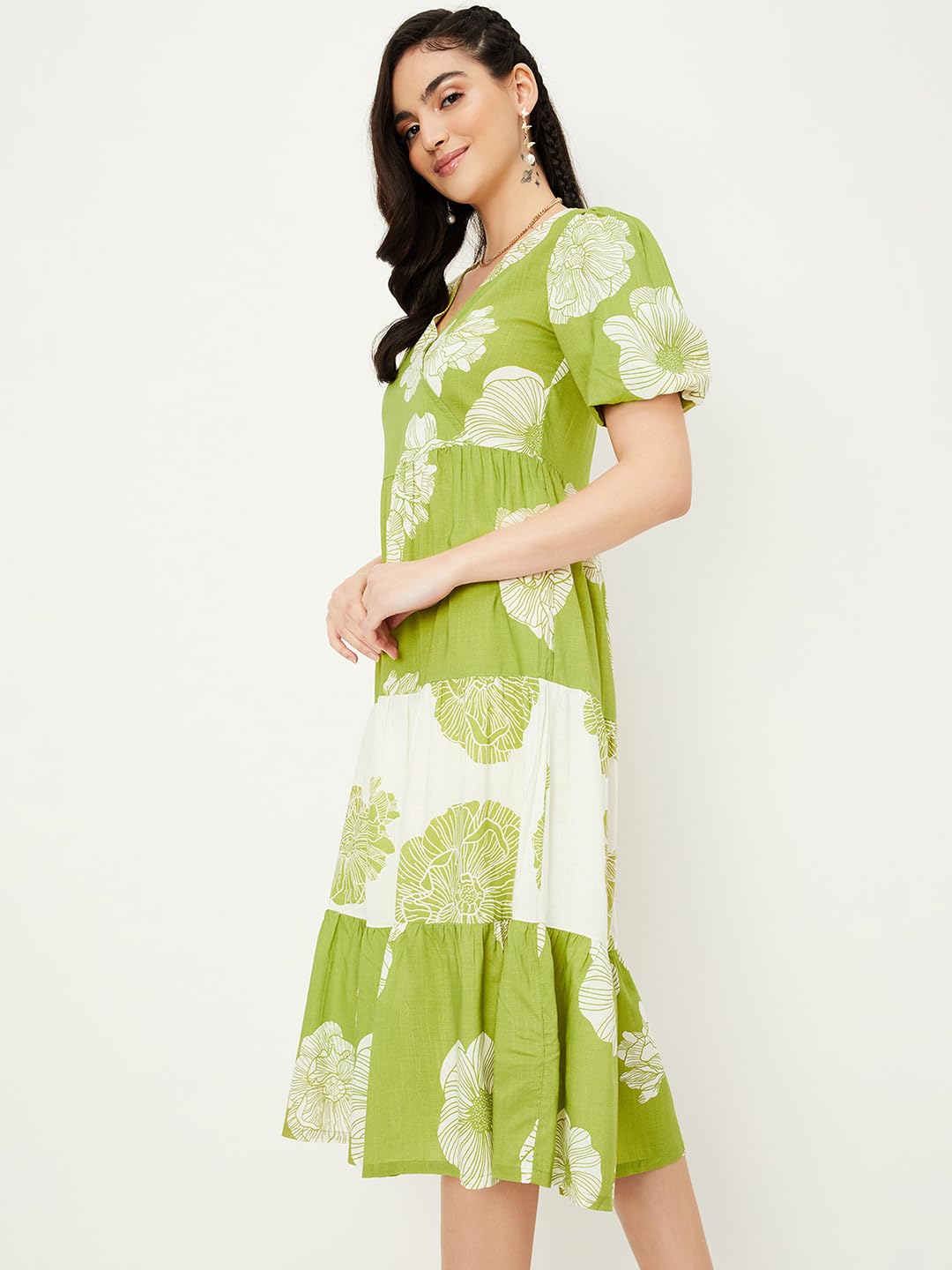 Max Women Floral Printed Midi One Piece Dress (MDDRS41002BGREEN)_Small