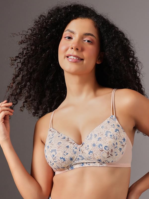 Clovia Women's Printed Padded Non-Wired T-Shirt Bra with Adjustable Dual Straps (BR1737D24_Peach_34D)