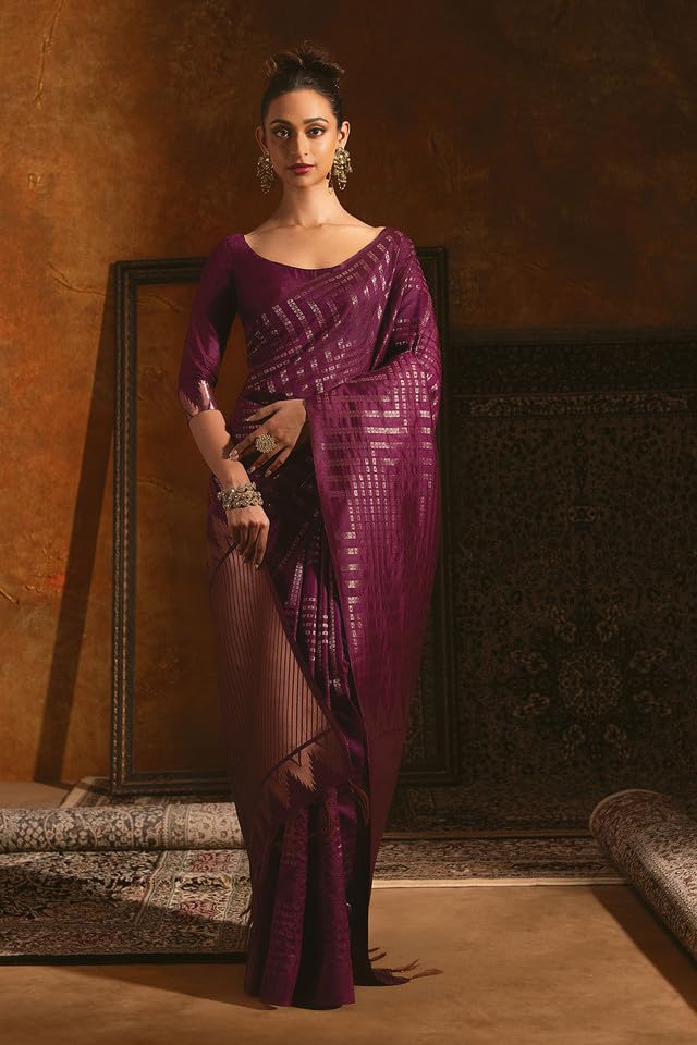 Soch Womens Wine Tussar Saree With Zari Woven Geometric Patterns