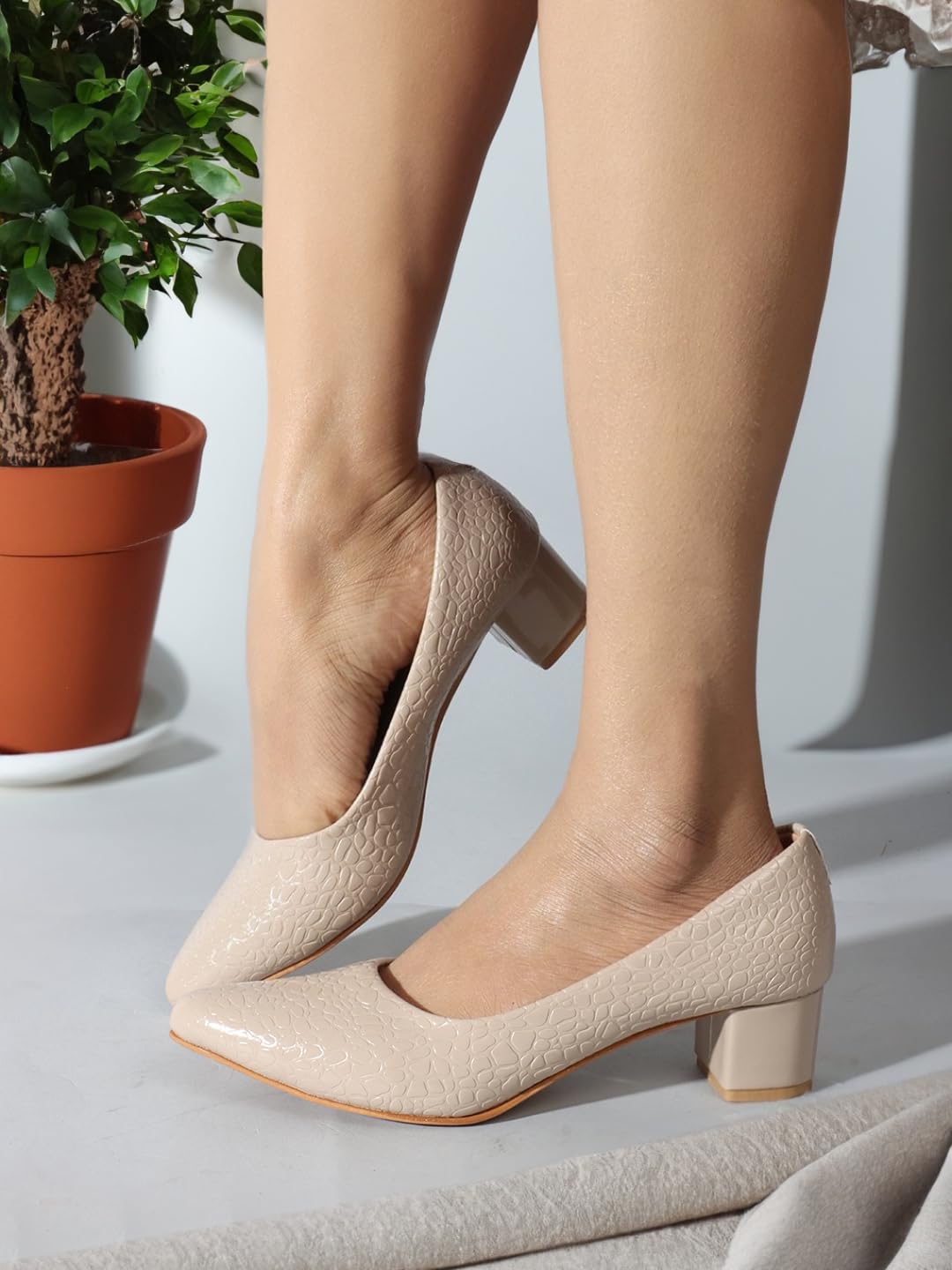 Carlton London Women Beige Stylish Slip-on Pump Shoes with Block Heels, Pointed Toe for Party and Formal Occasions (39)