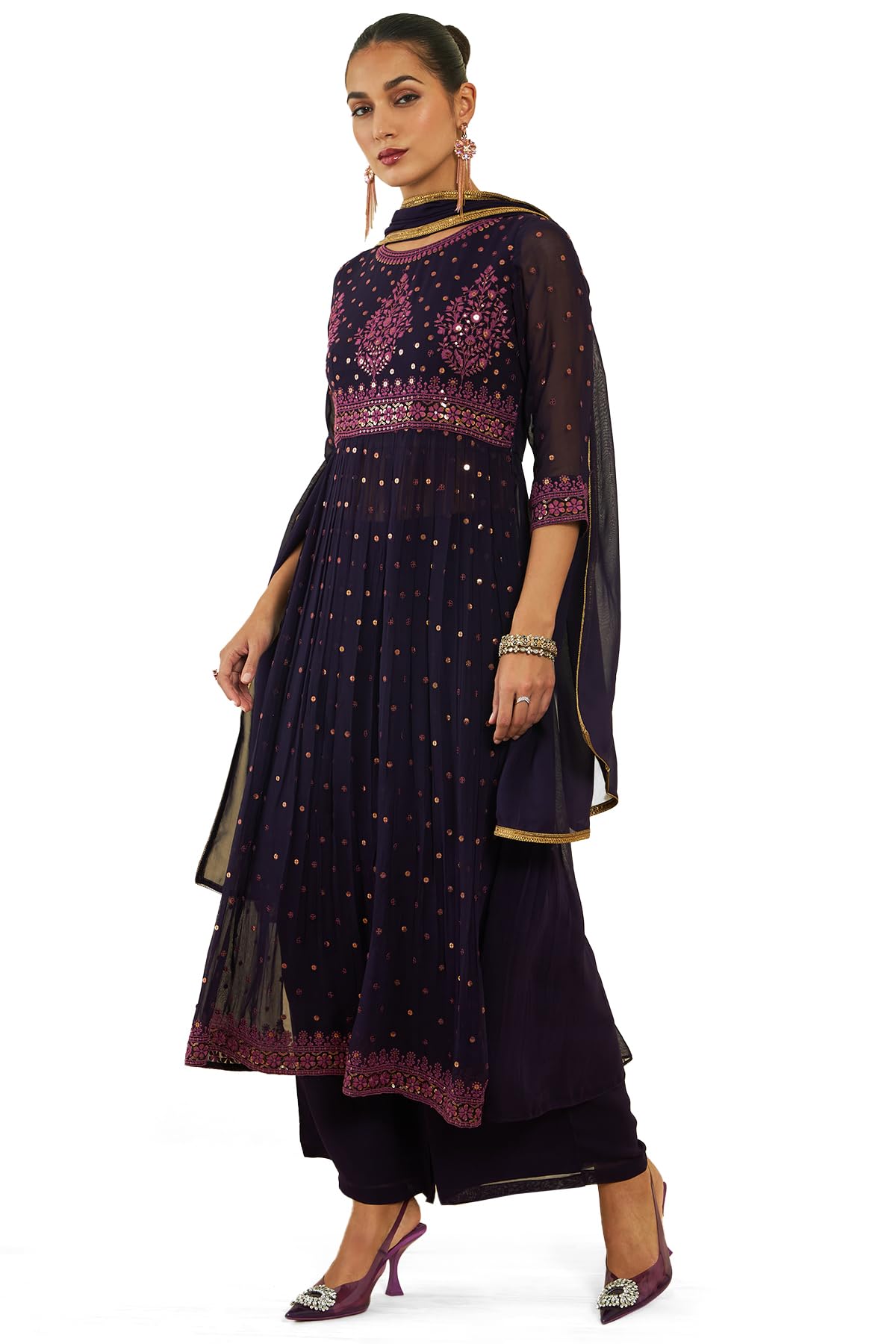 Soch Womens Wine Georgette Suit Set With Embroidery And Sequins
