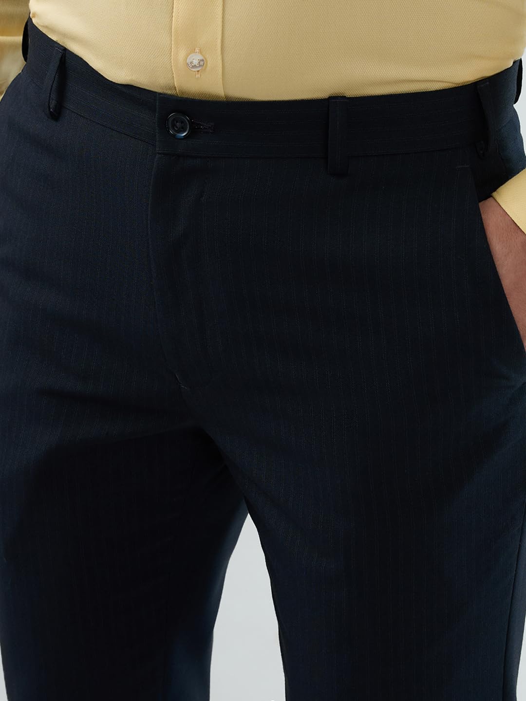 Raymond Men Slim Fit Stripe Pattern Polyester Blend Flat Front Formal Trouser Blue