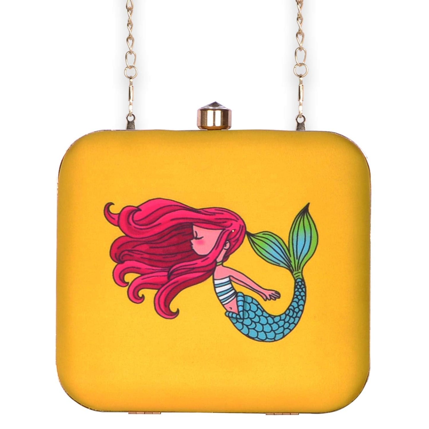Artklim Women’s Mermaid Portrait Printed Clutch Bag | Stylish Ethnic Ladies Evening Handbag for Party Casual, Bridal and Wedding Use | Box Style Clutch Purse with Detachable Metal Chain Strap (Yellow)