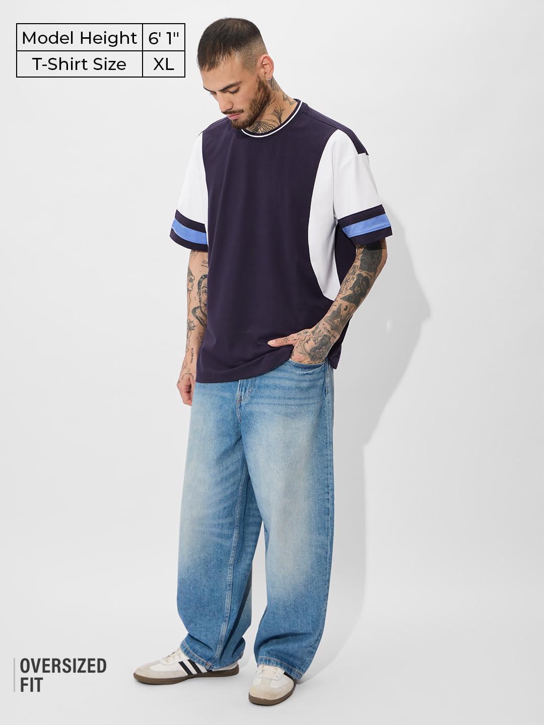 The Souled Store Solids: Deep Navy Oversized T-Shirt for Men Boys Cotton Casual Half Sleeves Baggy Loose Fit Drop Shoulder Round Neck