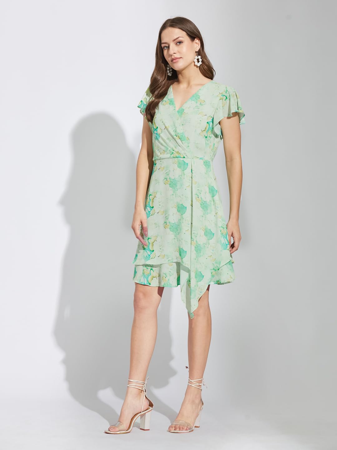 Latin Quarters Women Green V-Neck Half Sleeves Printed Above Knee A-Line Dress for Casual Wear