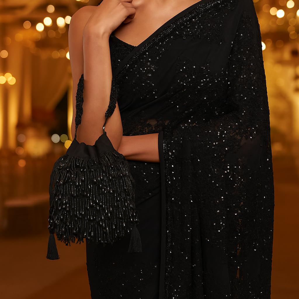 DUCHESS Women Black Beaded Tassel Fringes Potli Western Bag For Wedding (Black)