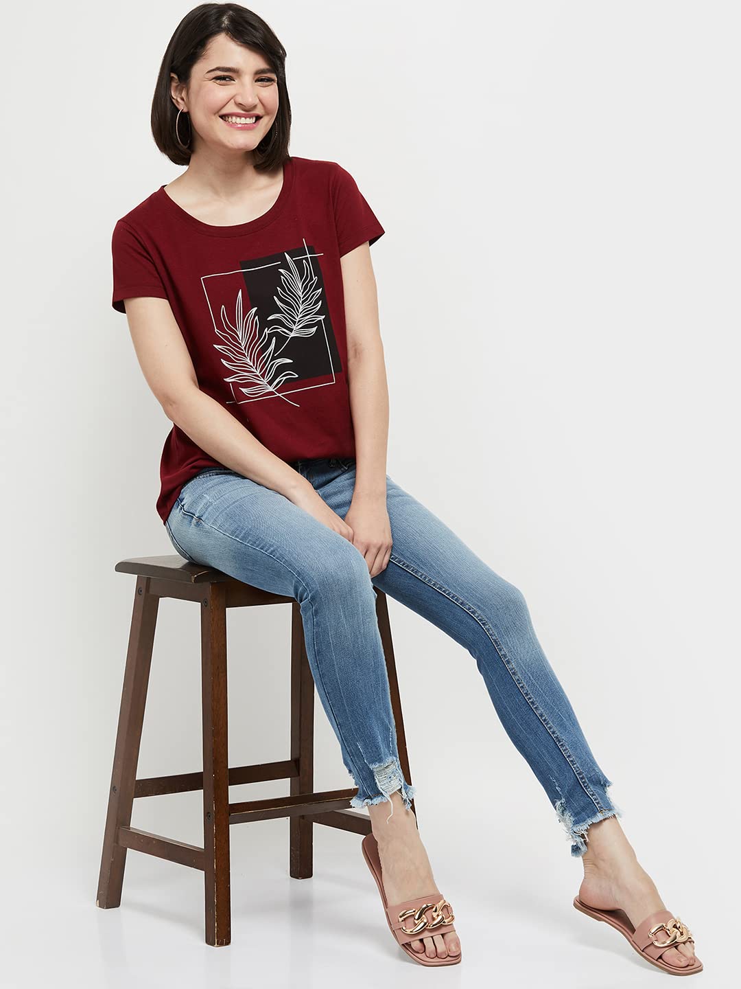 Max Women Cotton Printed Regular Fit Round Neck T-Shirt (Aw22Ccp04Maroon)_XXL