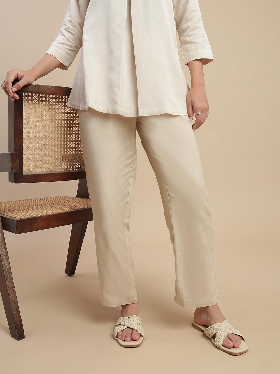 De Moza Women Regular Fit Straight Pant - Light Beige | 100% Rayon Flex | Casual & Office Wear
