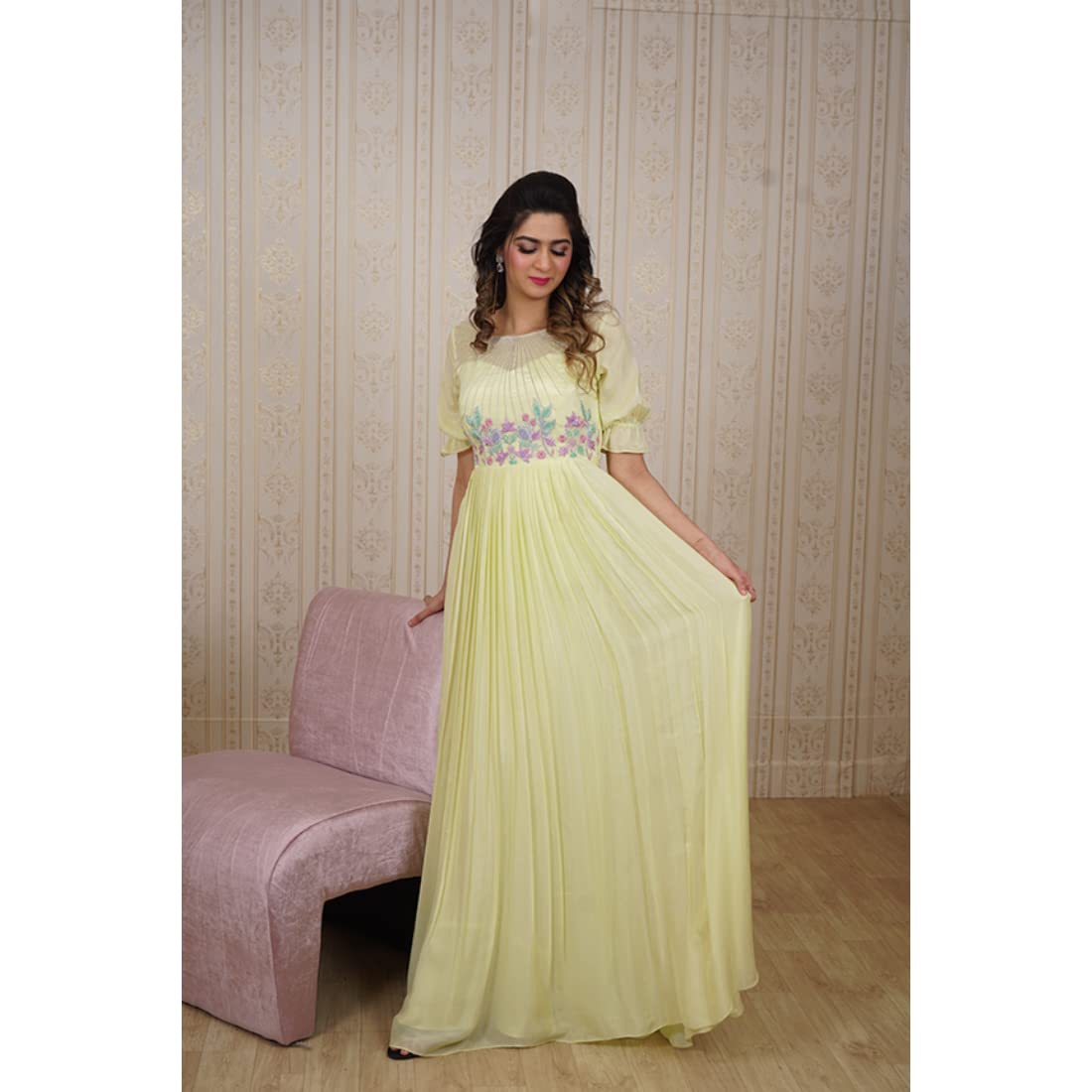 Avy's Label Chiffon Long Frock Lemon Yellow Maggam Work (Lemon Yellow, 36)