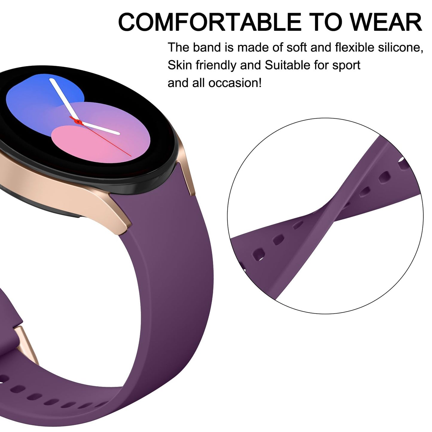 Tobfit Silicone Strap Compatible for Samsung Galaxy Watch 4/4 Classic/Active 2/Watch 5/5 Pro (Watch Not Included), Sport Replacement Strap with Classic Clasp for 20mm Smart Watch（Dark Purple）