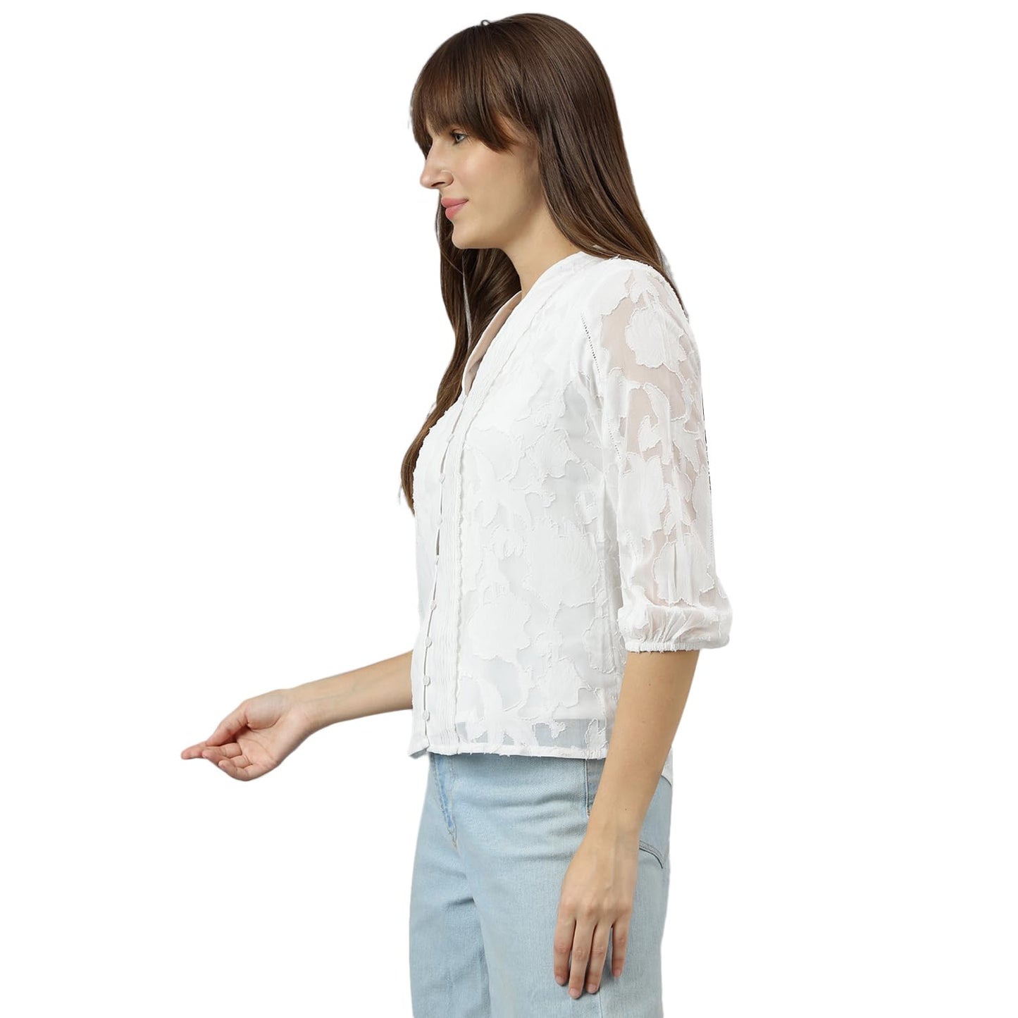Latin Quarters Women White Mandarin Collar Three-Quarter Sleeves Solid Shirt for Casual Wear_M