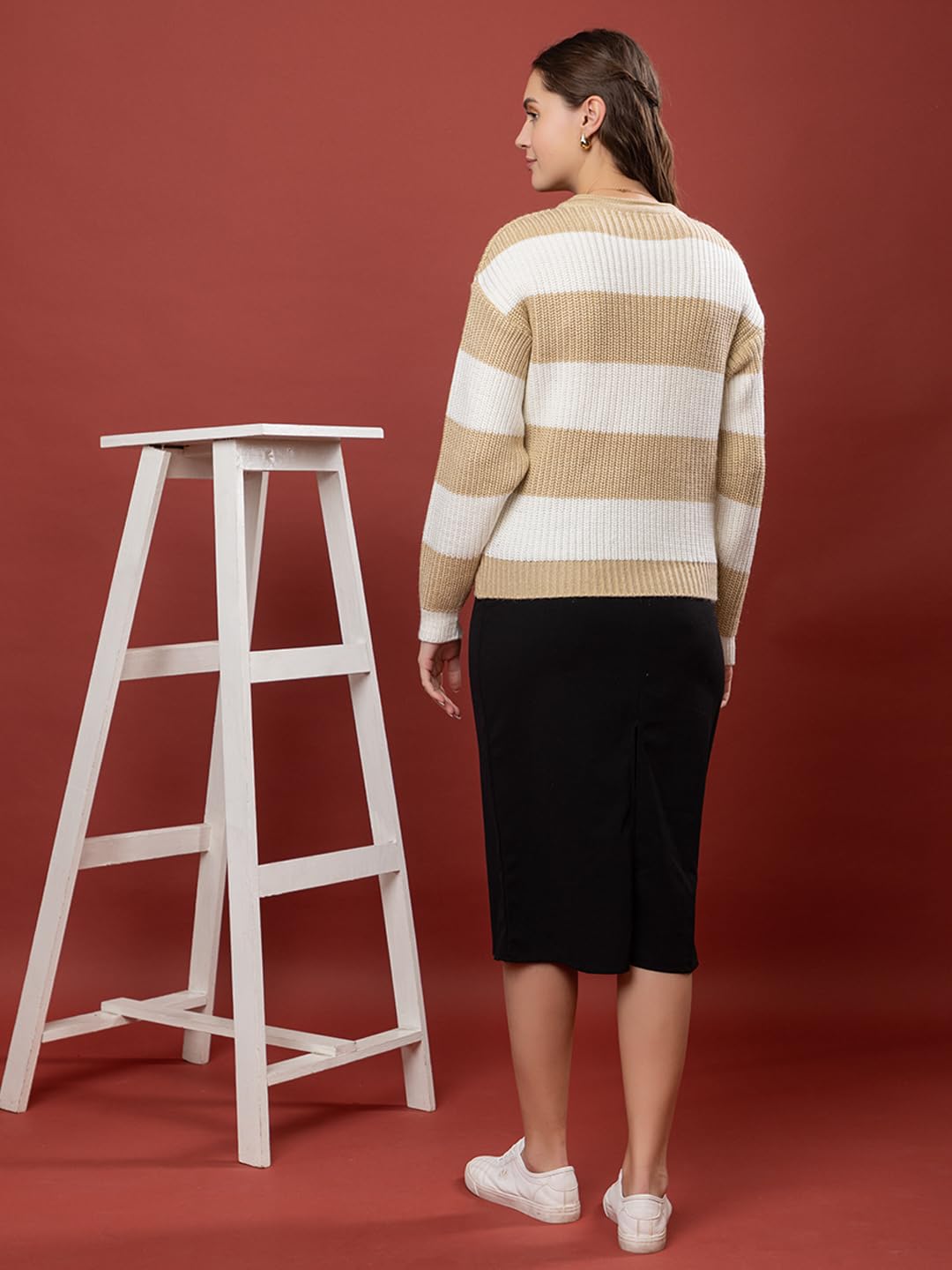 Style Dusk Womens 100% Wool Color Block Stripe Full Sleeve Round Neck Pullover Sweater for Winter Season (in, Alpha, M, Camel)