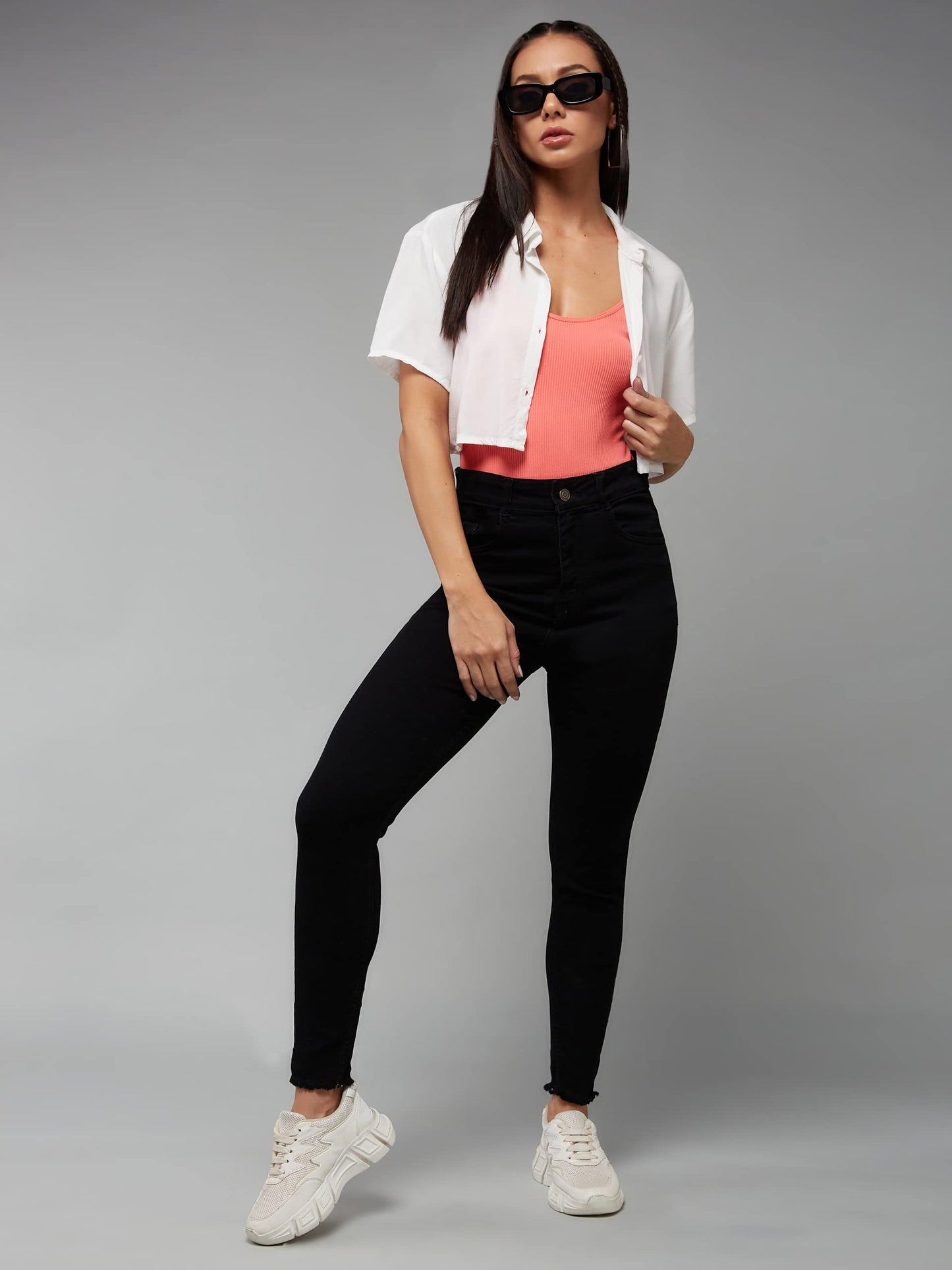 Dolce Crudo Women's Skinny Fringed Detailing High Rise Cropped Stretchable Denim Jeans (DOAW18DEN02-76-380-38, Jet Black, 38)