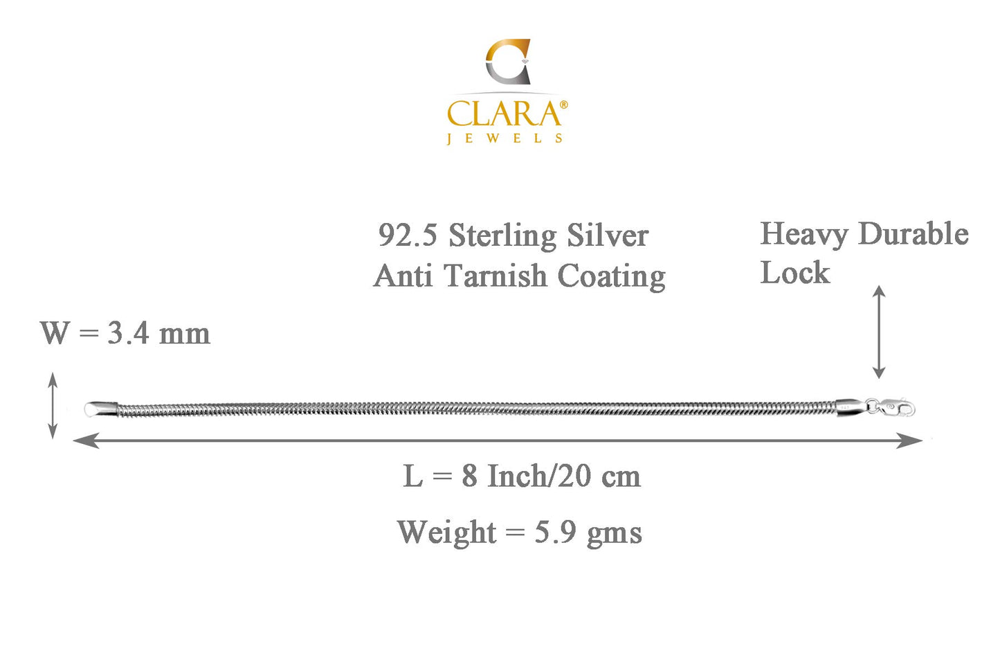 Clara Anti-Tarnish 92.5 Sterling Silver Snake Bracelet 8 inch | Gift for Men & Boys