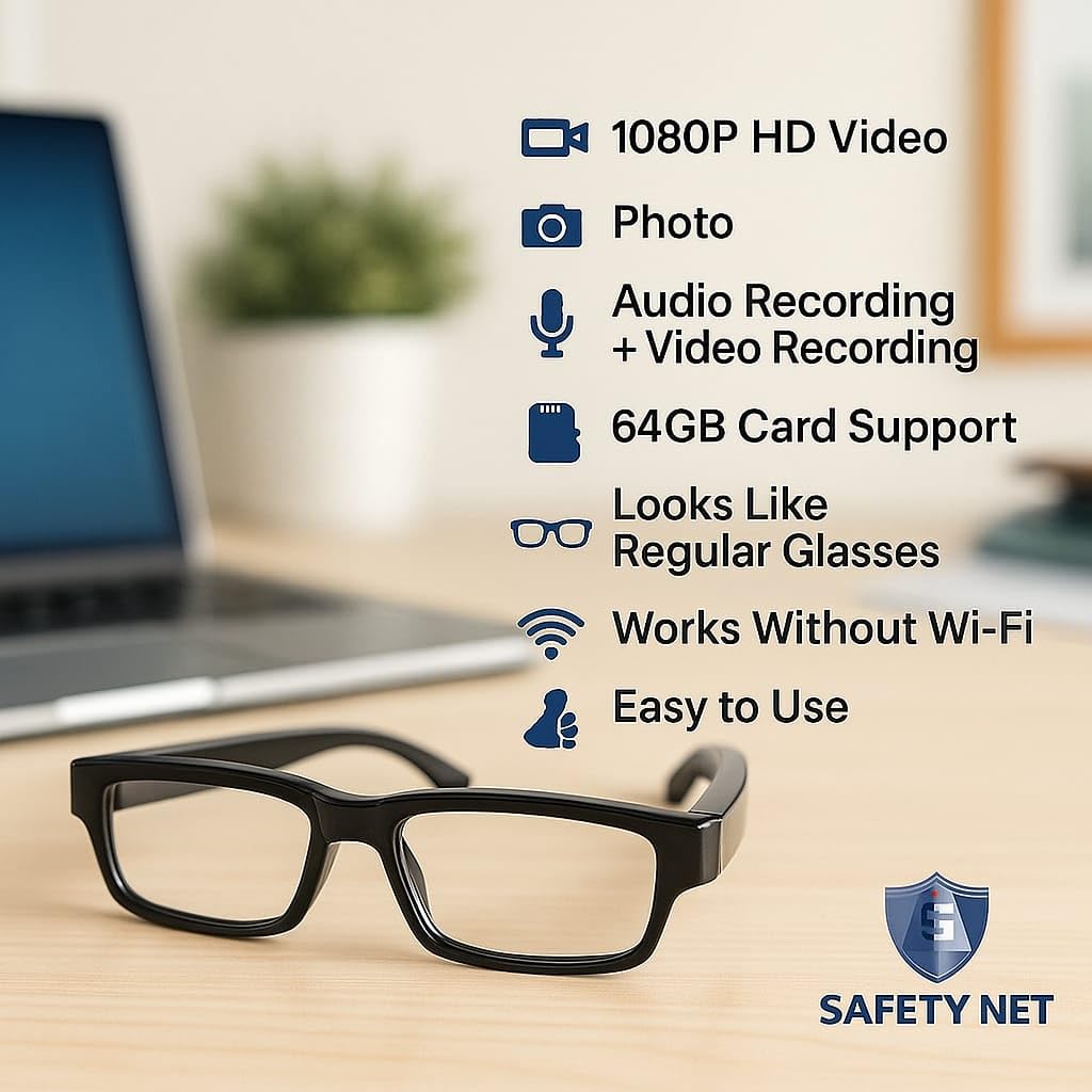 SAFETYNET Glasses Camera | 4K HD Video Recording | Discreet Lens Design | Lightweight Wearable for Home, Office & Meetings | Supports 64GB TF Card (Not Included)
