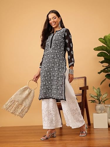 Ada Hand Embroidered Lucknow Chikankari Viscose Loose Fit Palazzo Pant Culottes for Women A711190 White (XS)