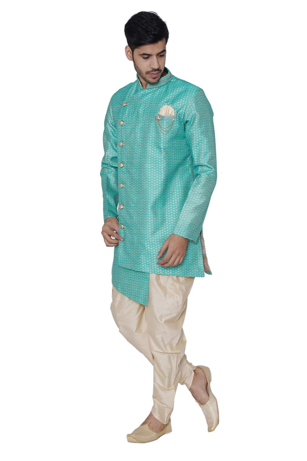 Manyavar Men's Silk and Polyster Blend Other semi Indo Patiala Set (SMID0001_firoze Green_S)