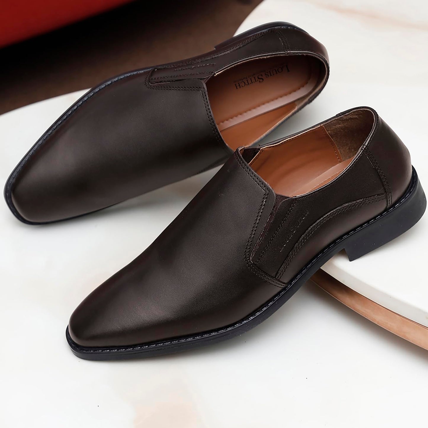 LOUIS STITCH Men's Formal Loafers | Italian Leather Slip-On Moccasins | Business, Formal, Shoes | Perfect for Office, Weddings & Events | Elegant Brown | UK Size 9 (RXSOBB)