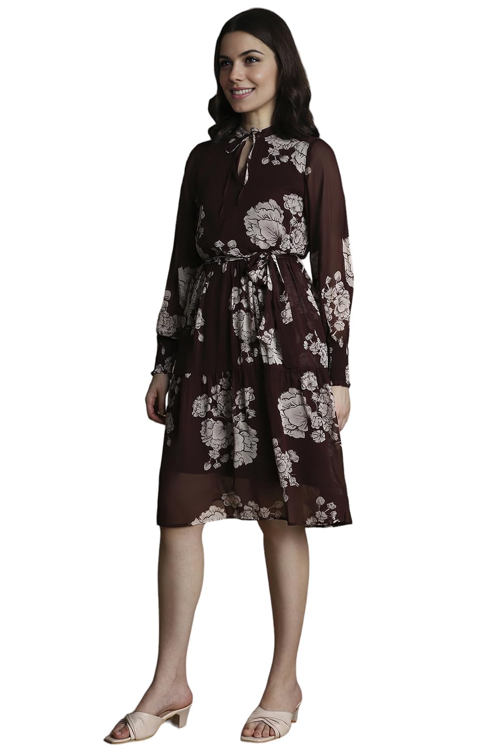 Allen Solly Women's Viscose Modern Knee-Length Dress (AHDRWRGFY56276_Brown