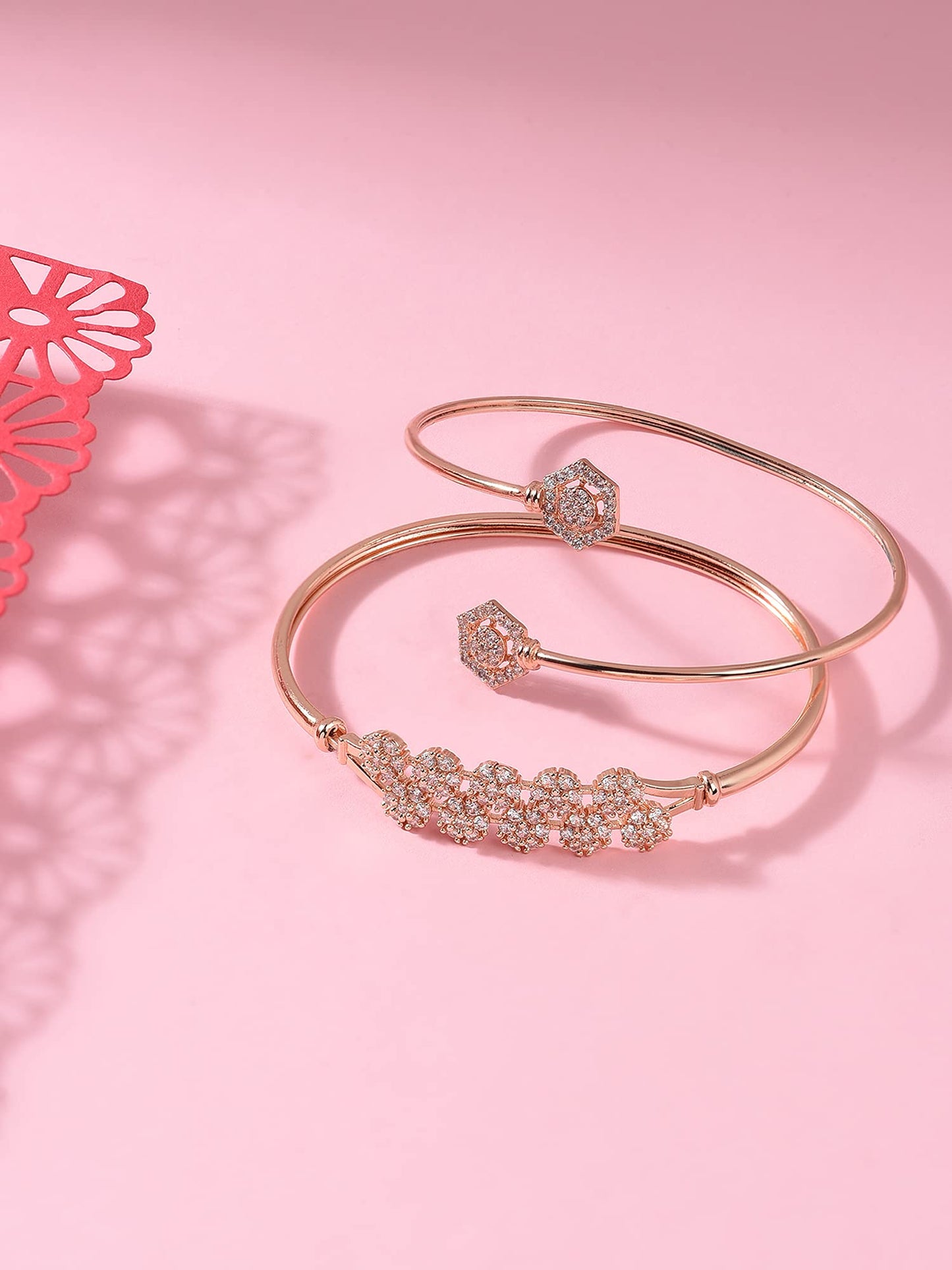 ZAVERI PEARLS Set of 2 Rose Gold Contemporary Cubic Zirconia Brass Kada Style Bracelet For Women-ZPFK11116