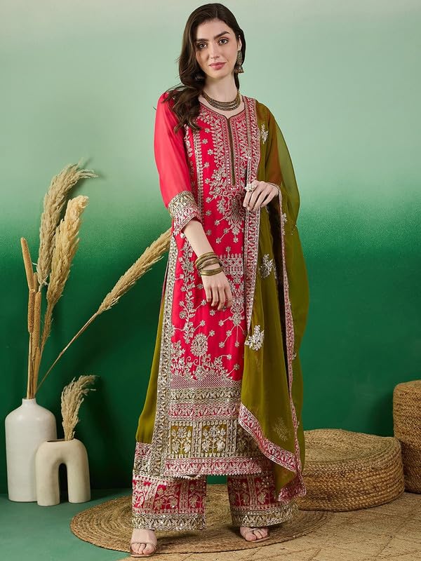 Brulry Women's Pink Color Georgette Round Neck straight Kurta Pant With Dupatta