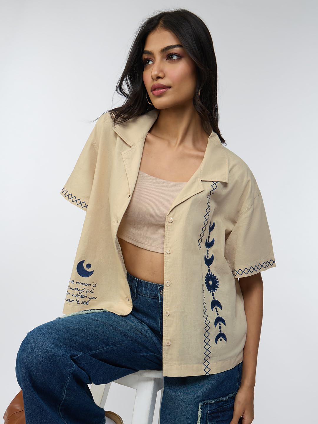 The Souled Store Cotton Linen: Believe Women and Girls Short Sleeves Collared Neck Button Front Beige Embroidered Oversized Fit Lightweight Casual Streetwear Boyfriend Shirts