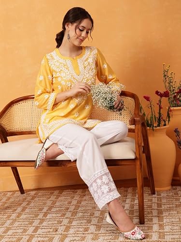 Ada Women Muslin Regular Hand Embroidered Lucknowi Chikankari Straight Top Tunic Short Kurti A911423 Yellow (XL)