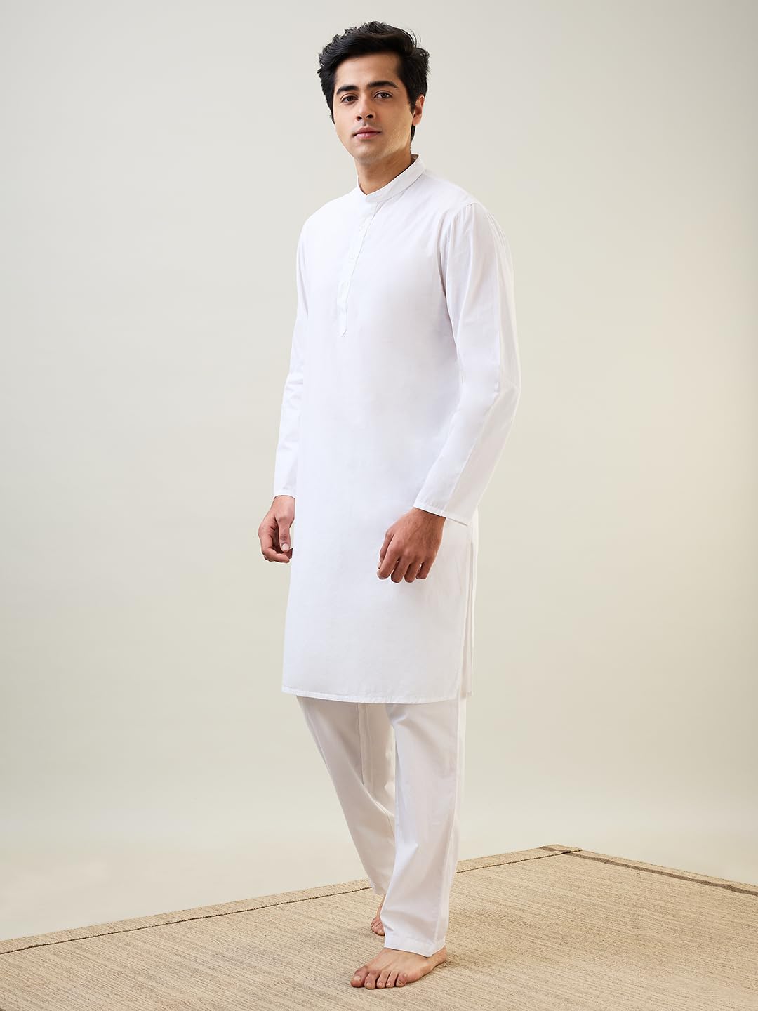 Raymond SleepZ Men Comfort Fit Solid Pattern Pure Cotton Mandrin Collar Kurta White