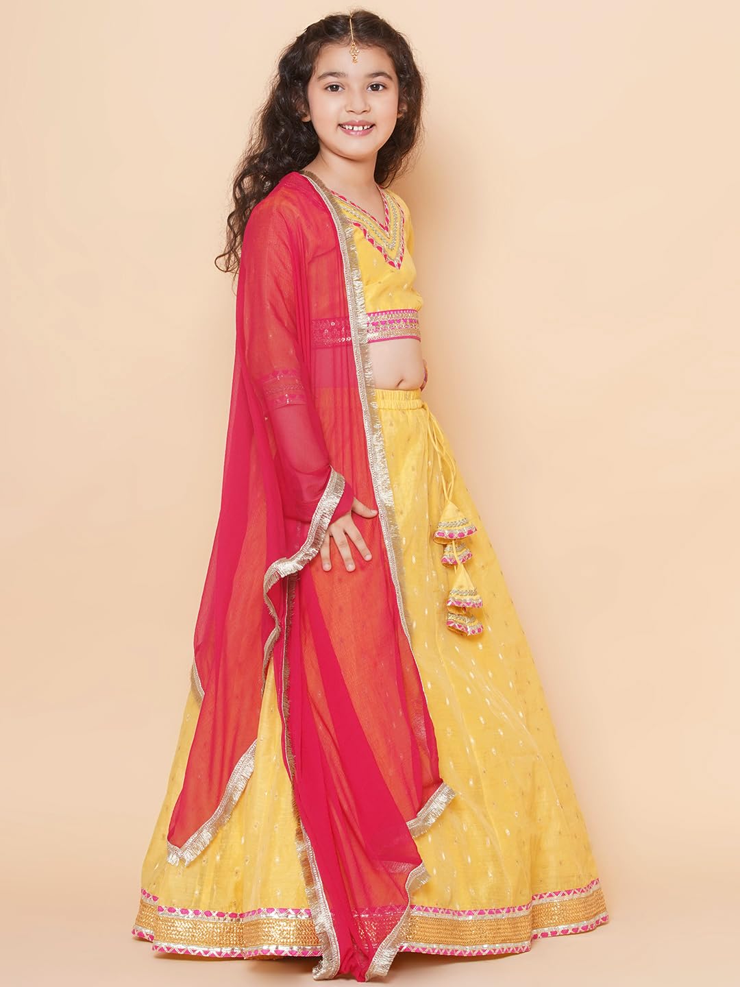Bitiya by Bhama Girls Yellow Jacquard booti Lehenga Choli Ready to Wear with Pink Dupatta