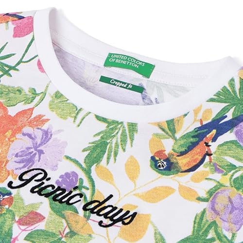 United Colors of Benetton Cropped Round Neck Floral T-Shirt White