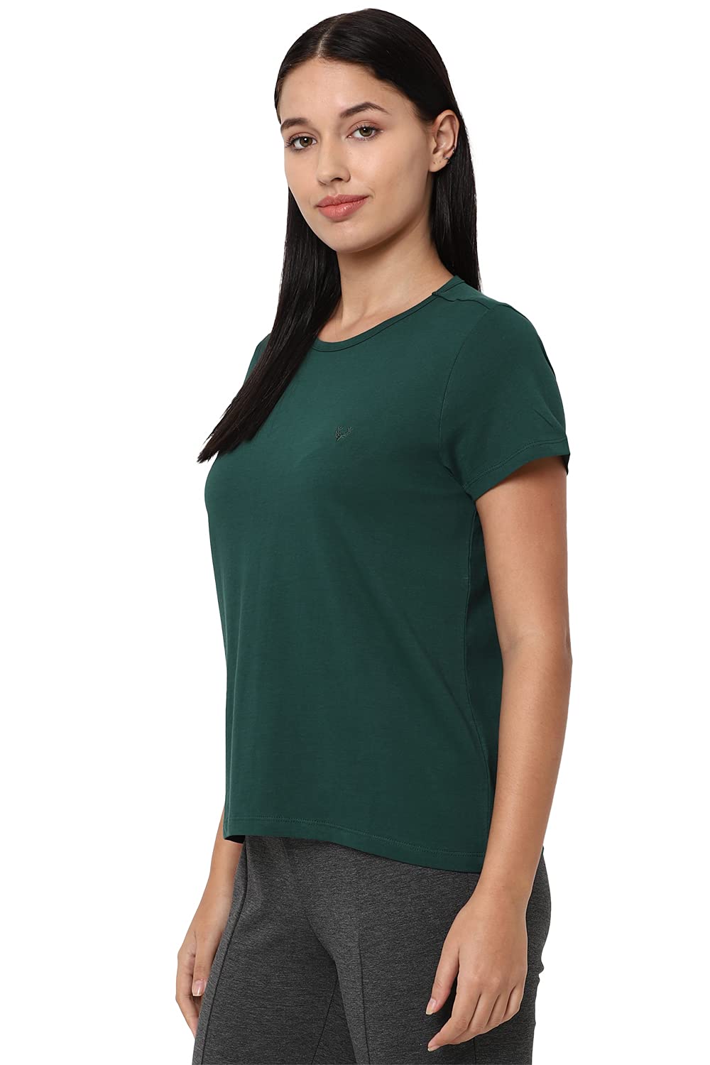 Allen Solly Women's Cotton Solid Regular Fit T-Shirt (Ahkccrgpf98920-M_Teal M)