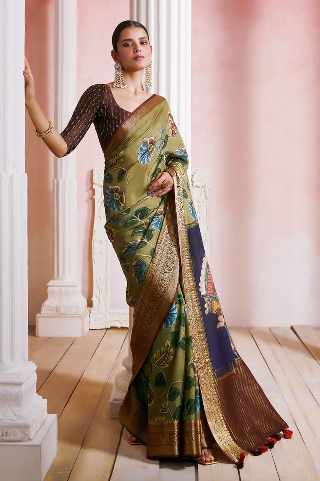Soch Womens Olive Crepe Saree With Floral Kalamkari Print And Zari Borders
