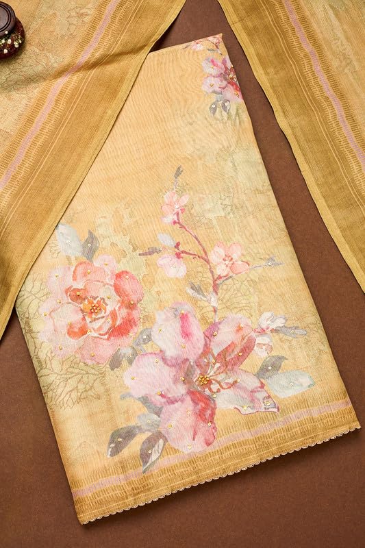 Soch Womens Mustard Silk Blend Floral Print Unstitch Dress Material With Sequins Work