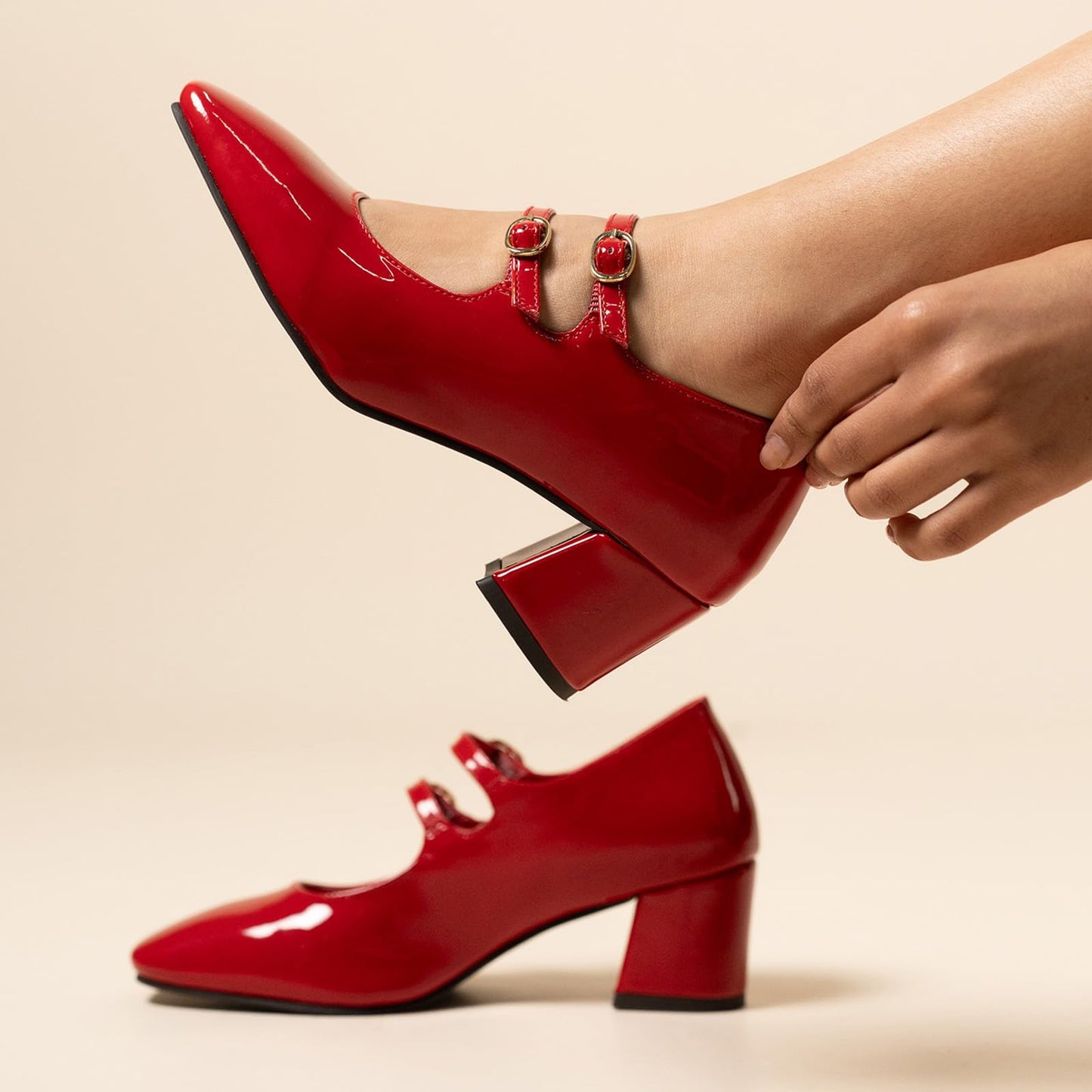 Theater Women Red Mary Jane Block Heels | Double Strap Square Toe Pumps | Stylish & Comfortable Sandals for Office, Party & Causal wear
