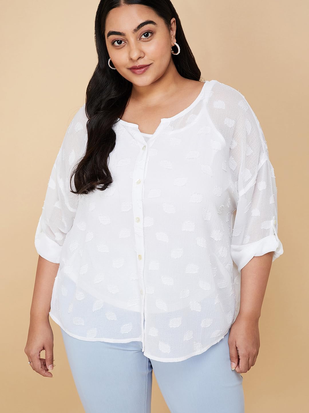 Max Women Plus Size Textured Blouse with Cami Top (WVN3206P_Ivory)