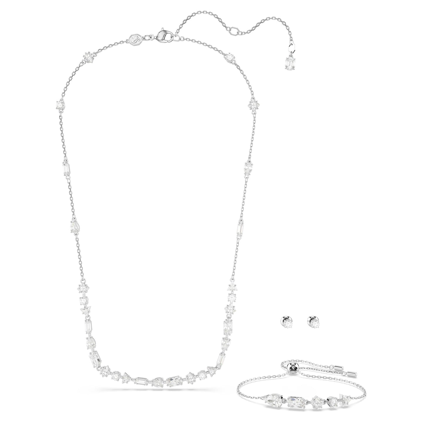 Swarovski Women Mesmera Necklace, Earings And Bracelet Set, Mixed Cuts, Scattered Design, White, Rhodium Plated