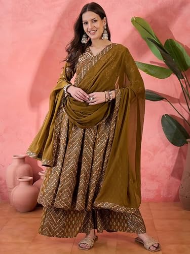AVYUKTHA Silkkurta Palazzo & Dupatta Set For Womens | Regular Fit | 3/4 Sleeve | V Neck | Printed Embroidery | Lightweight & Comfortable | Ethenic Dress | Ideal For Weddings & Parties | M | Mustard