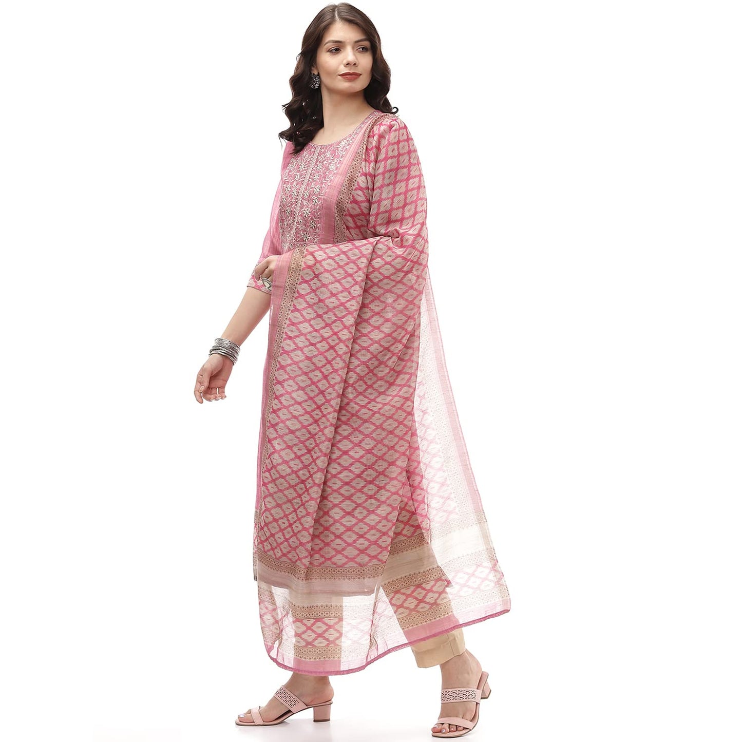 BIBA Women's Pink Chanderi Hand Embroidered Unstitched Suit Set