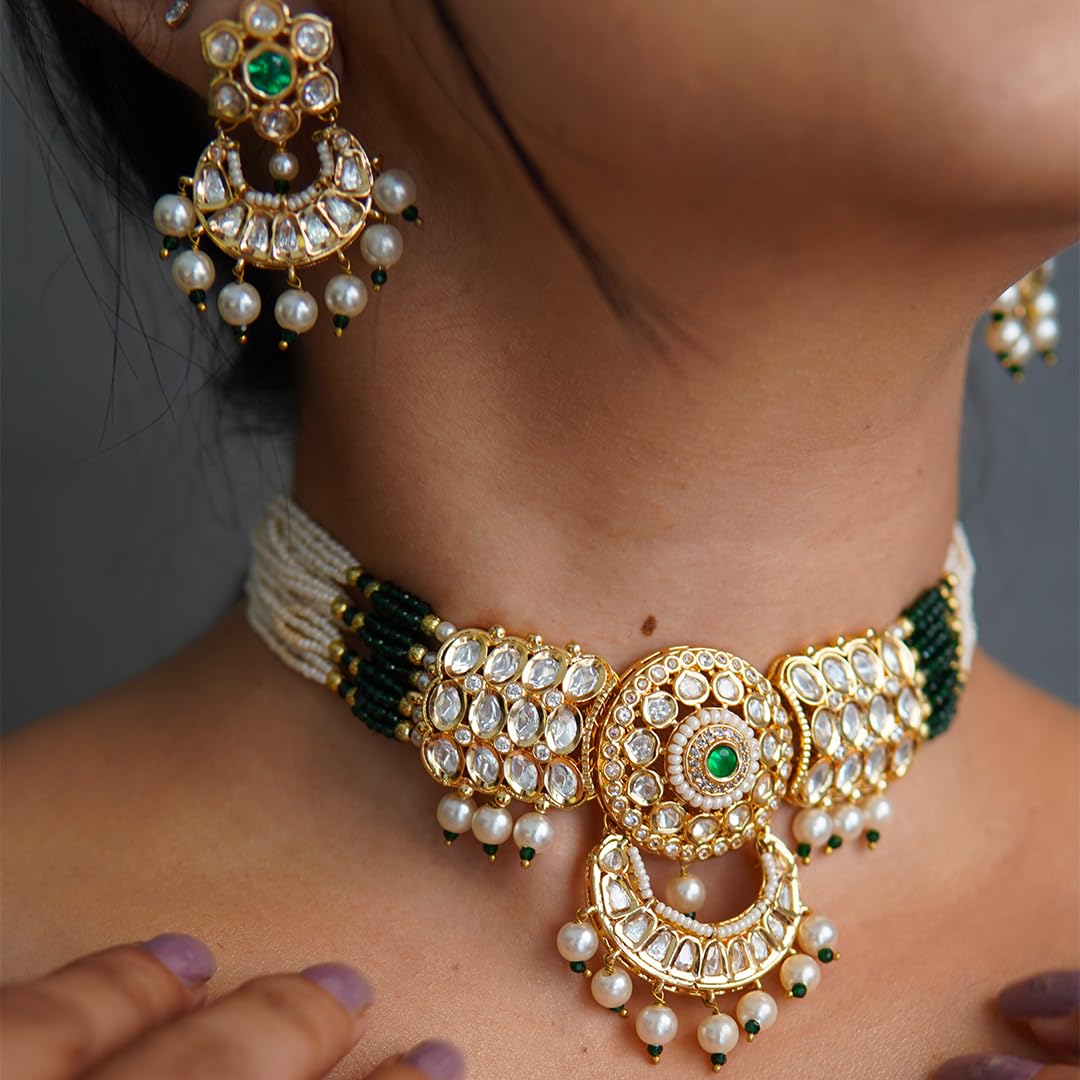 Mivanaa Timeless Royalty Green Emerald Polki Kundan Jewellery Set for Women | Traditional Bridal Necklace Set with Earrings & Maang Tikka | Indian Wedding Ethnic Jewellery Set