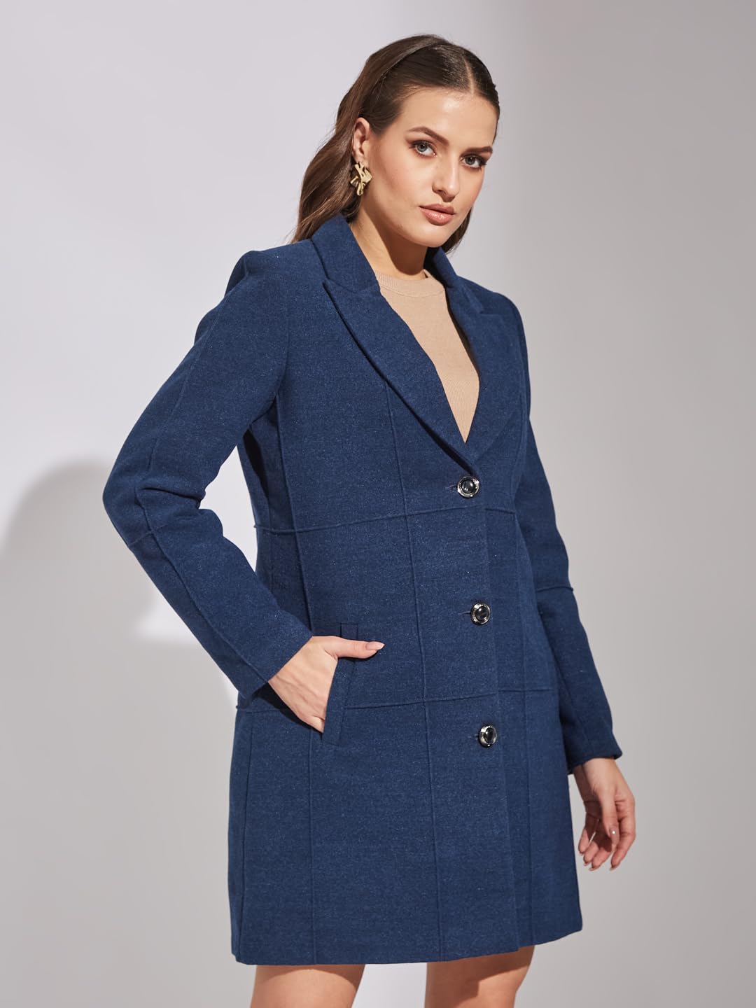 Latin Quarters Women Blue Full Sleeve Casual Solid Coat_M
