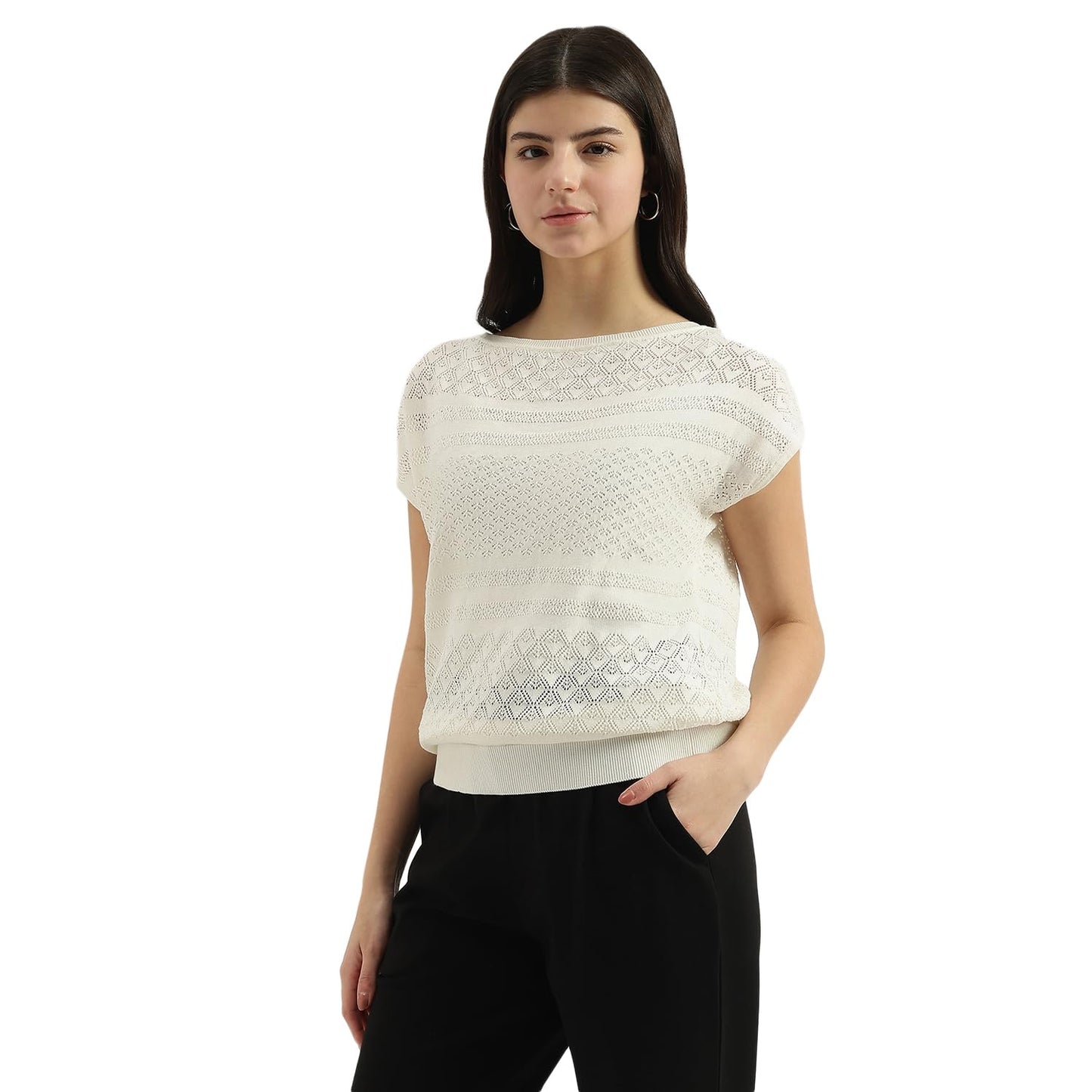 United Colors of Benetton Boat Neck Textured Top (Size: M)-25P1194D10AGG074 Cream
