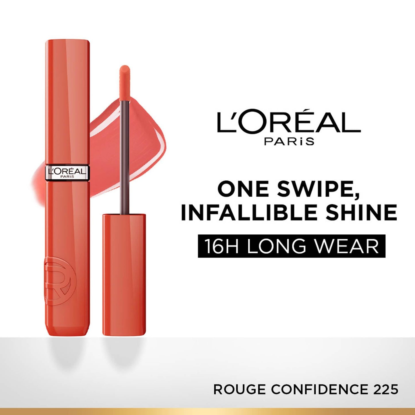 L'Oréal Paris Infallible Laque Resistance Lacquer-Like Shine Finish. 16H longwear lacquer lipstick. High-impact color, zero transfer - 225 Rouge Confidence, 4ml