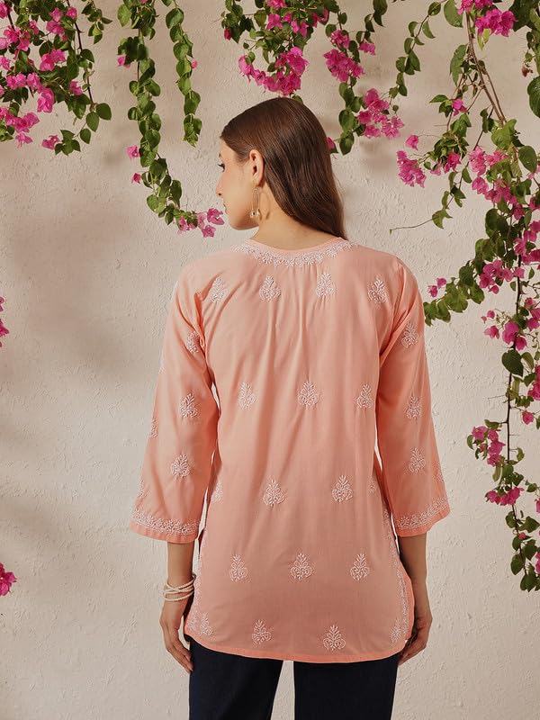 Ada Hand Embroidered Lucknowi Chikankari Cotton Short Kurti Top Tunic for Women A911492 Light Peach (M)