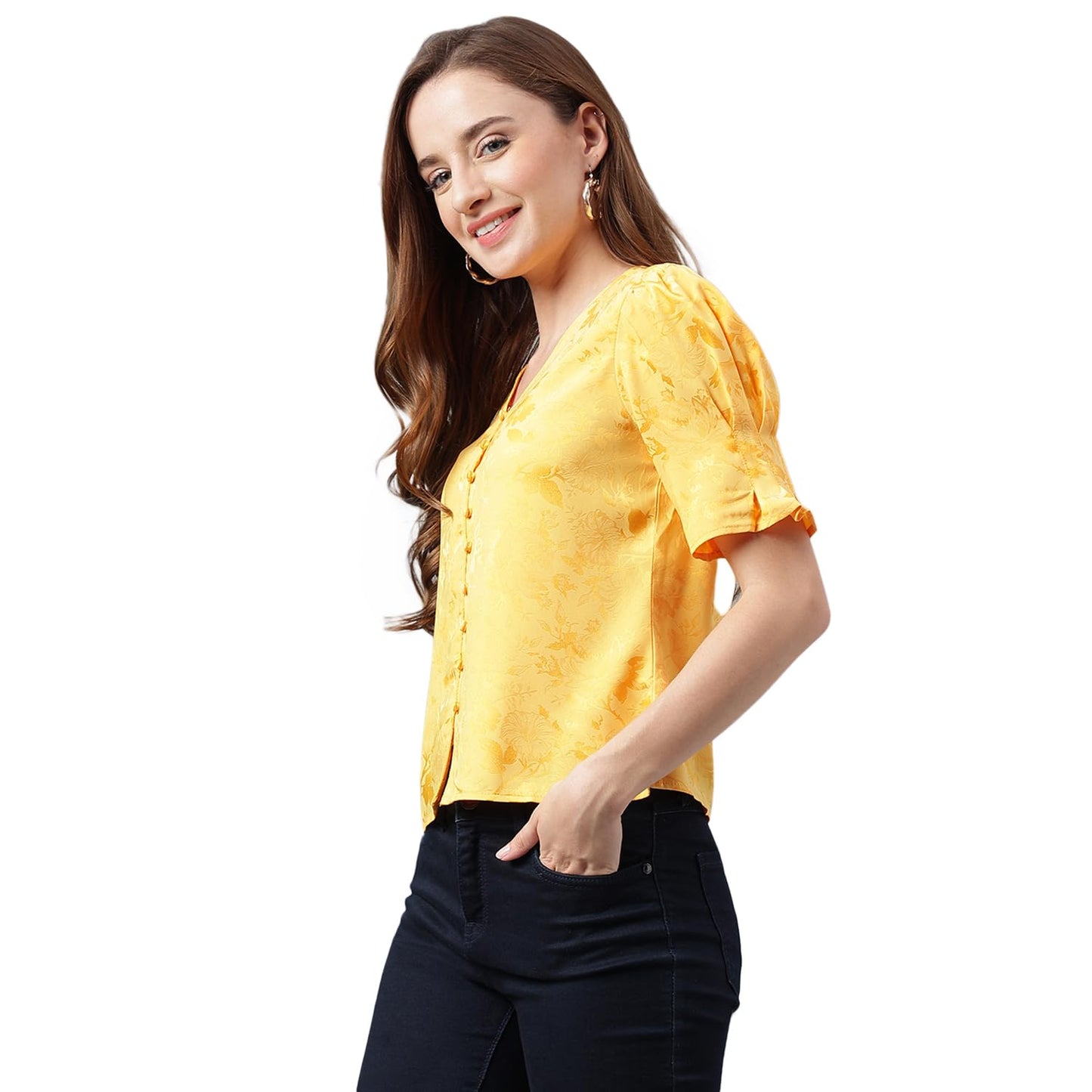 Latin Quarters Casual Puff Sleeves Women V-Neck Yellow Top_S