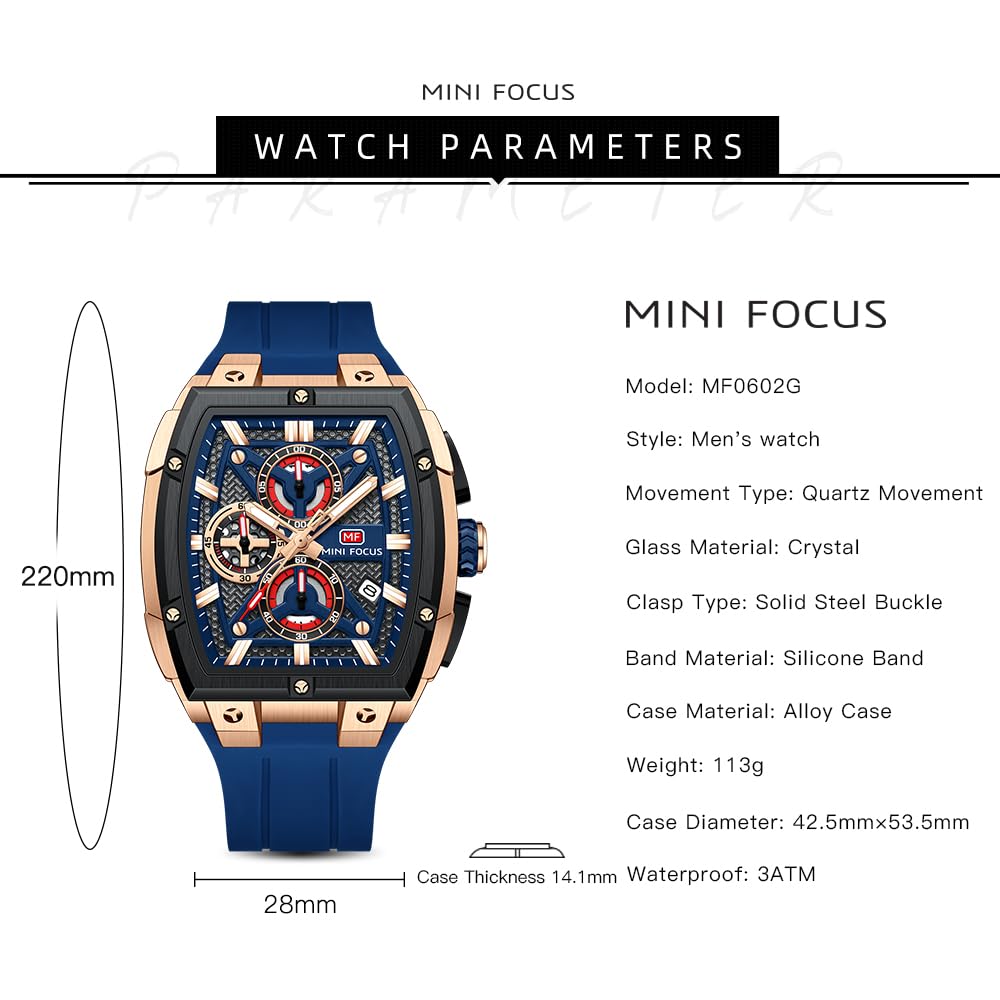 MF MINI FOCUS Men's Quartz Watch Wine Barrel Outdoor Style Curved Mirror Multi-Layer Hollow Men's Watch 0602G, Blue, Modern